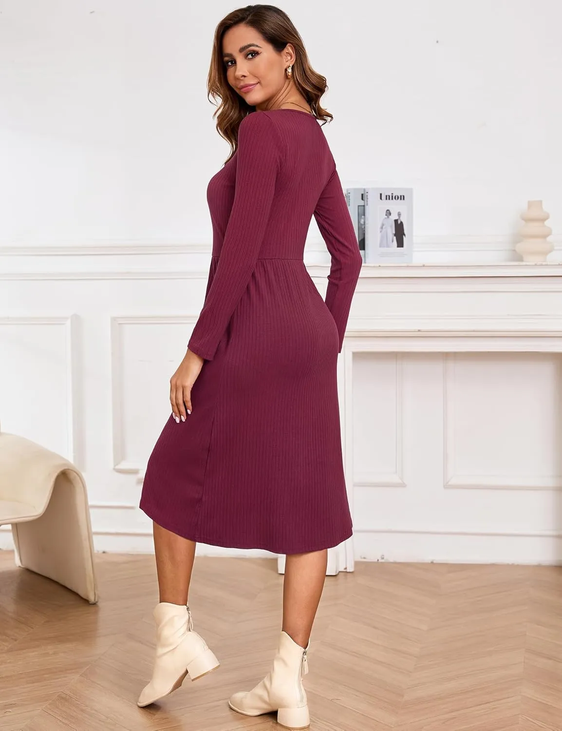 Kranda 2025 Spring Dresses fow Women Winter Long Sleeve Square Neck Casual Button Ribbed Knit Midi Sweater Dress