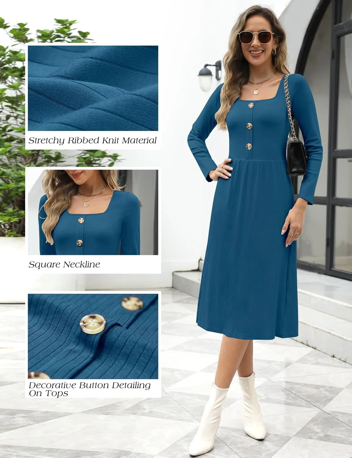 Kranda 2025 Spring Dresses fow Women Winter Long Sleeve Square Neck Casual Button Ribbed Knit Midi Sweater Dress