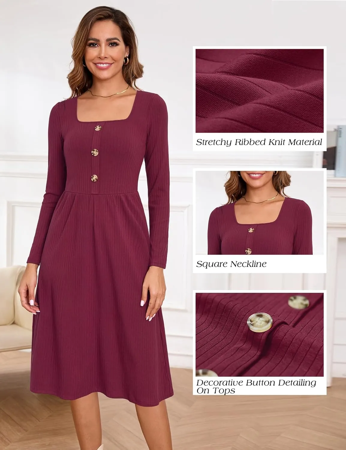 Kranda 2025 Spring Dresses fow Women Winter Long Sleeve Square Neck Casual Button Ribbed Knit Midi Sweater Dress