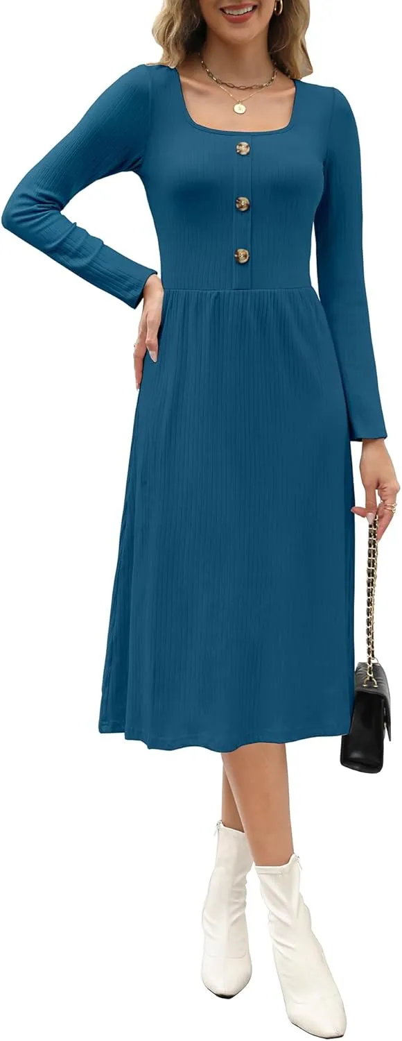 Kranda 2025 Spring Dresses fow Women Winter Long Sleeve Square Neck Casual Button Ribbed Knit Midi Sweater Dress