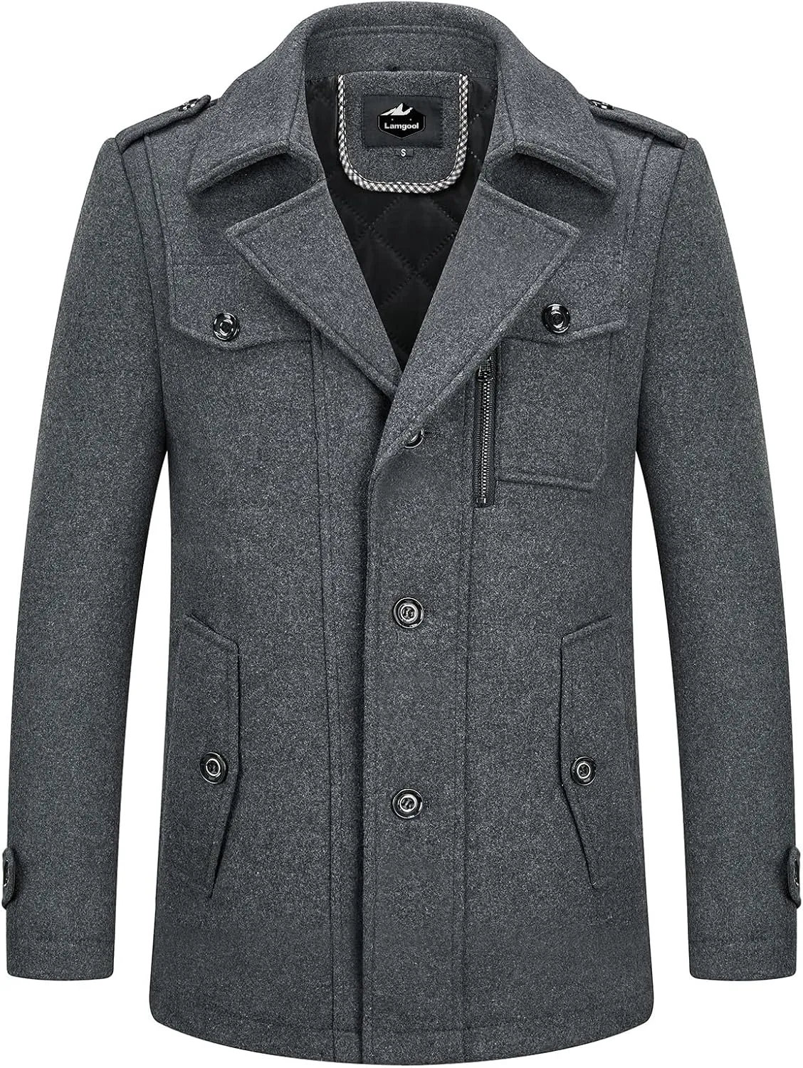 Lamgool Men's Winter Wool Blend Coat Casual Business Single Breasted Peacoat