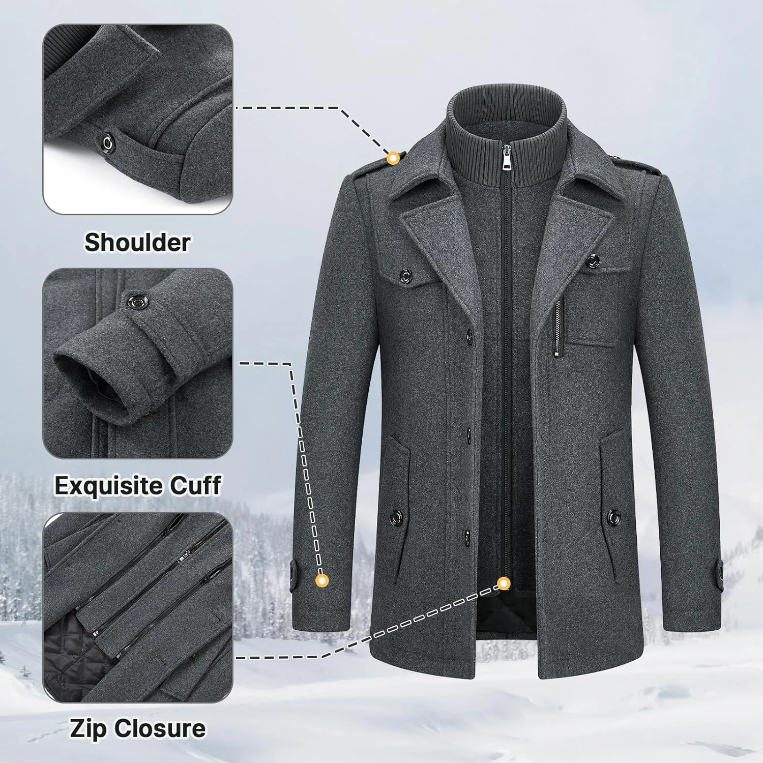 Lamgool Men's Winter Wool Blend Coat Casual Business Single Breasted Peacoat