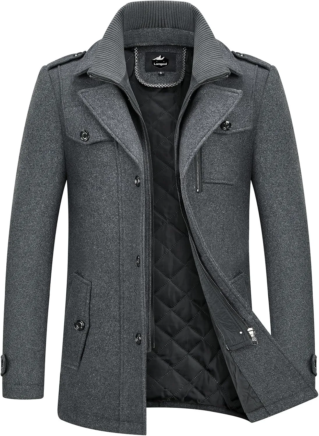 Lamgool Men's Winter Wool Blend Coat Casual Business Single Breasted Peacoat