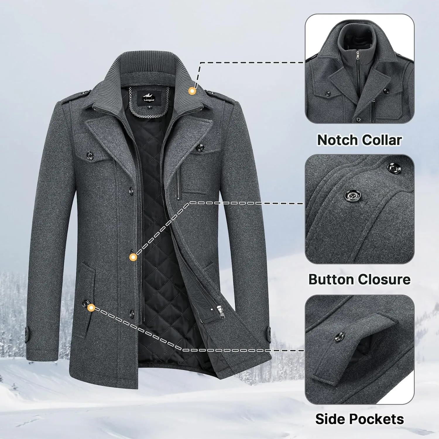 Lamgool Men's Winter Wool Blend Coat Casual Business Single Breasted Peacoat