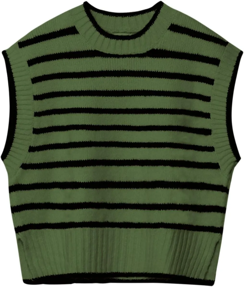 Lueluoye Sweater Vest for Women 2024 Crew Neck Cap Sleeve Tops Striped Knit Tank Top S-2XL