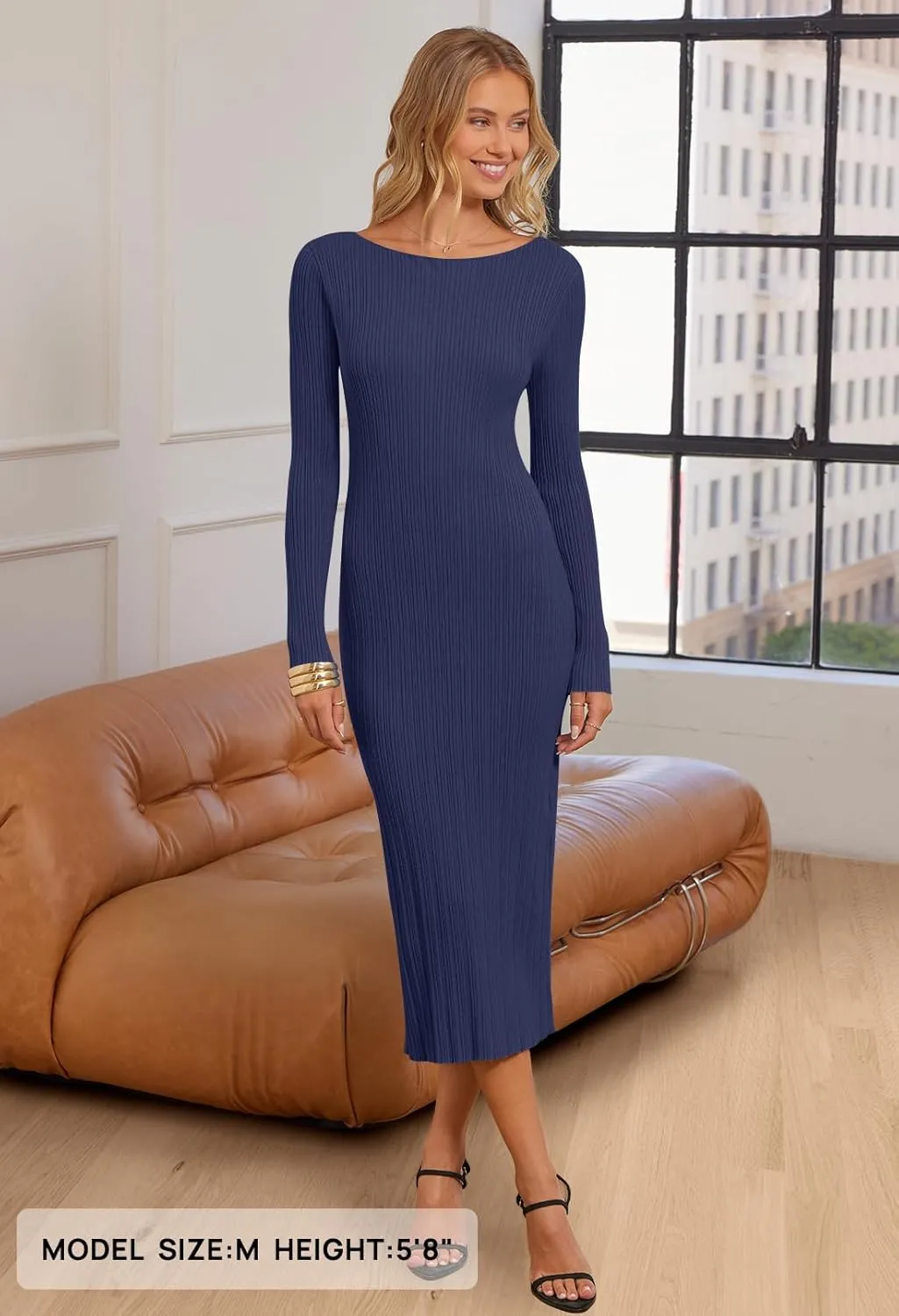 MEROKEETY Women's 2025 Long Sleeve Bodycon Sweater Dress Fall Crew Neck Ribbed Knit Maxi Dresses