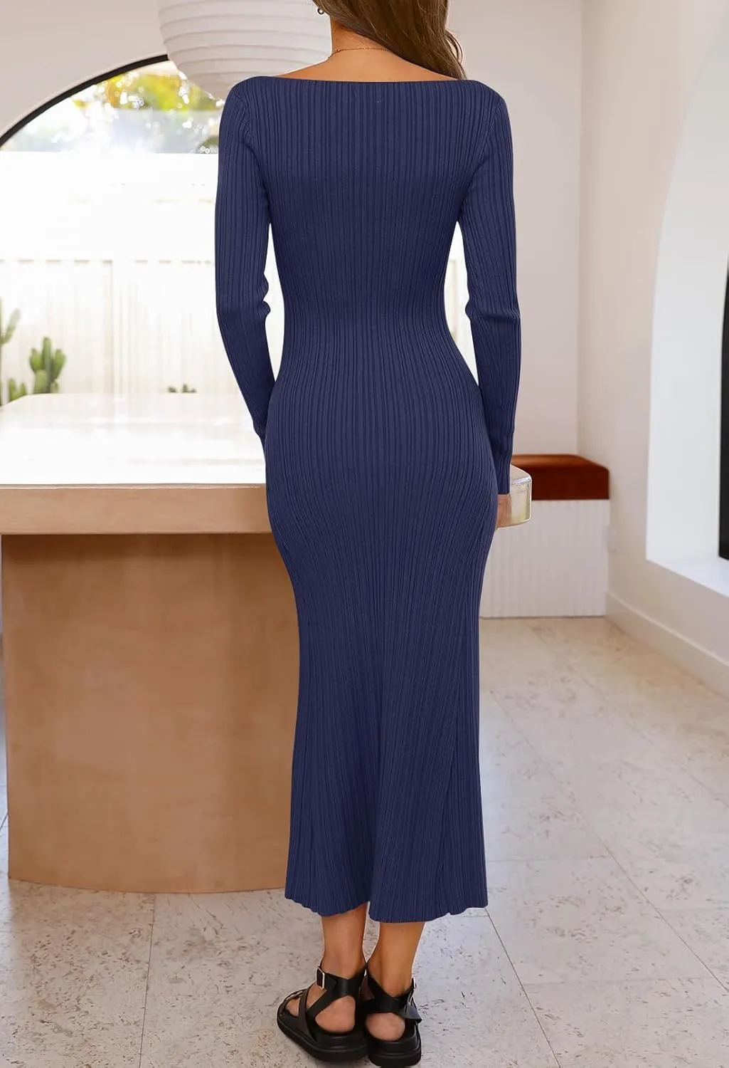 MEROKEETY Women's 2025 Long Sleeve Bodycon Sweater Dress Fall Crew Neck Ribbed Knit Maxi Dresses