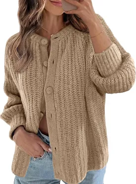 MEROKEETY Women's 2025 Long Sleeve Cardigan Sweater Crew Neck Button Ribbed Open Front Knit Outerwear
