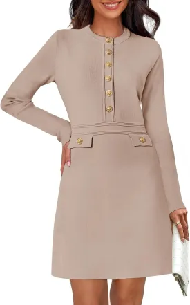 MEROKEETY Women's Long Sleeve Bodycon Sweater Dress Button Crew Neck Elegant Formal Mini Dresses