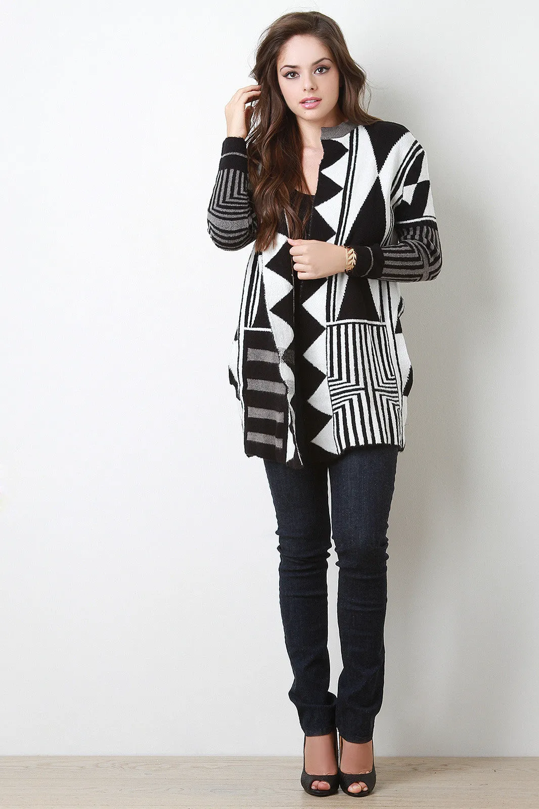 Multi-Tone Mixed Pattern Knit Cardigan
