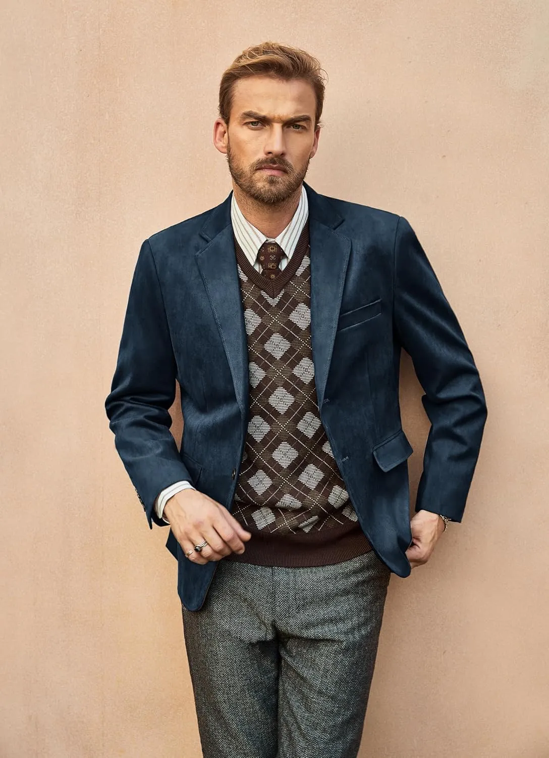 PJ PAUL JONES Mens Blazer Jacket Faux Leather Suit Jacket Casual 2 Buttons Suede Sport Blazer Coat with Pockets