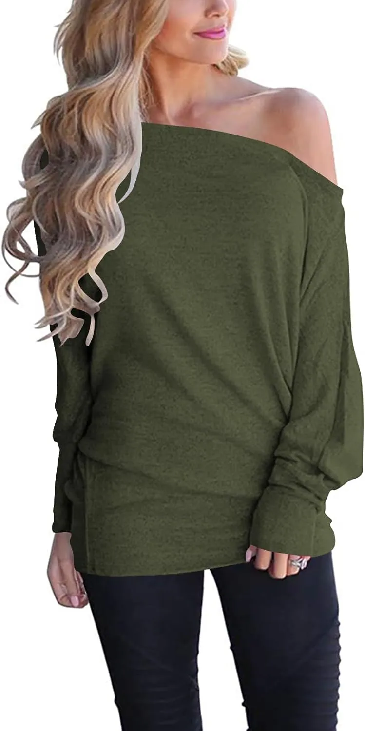 Poetsky Women's Off Shoulder Long Sleeve Tunic Tops Loose Casual Oversized Shirts Blouses