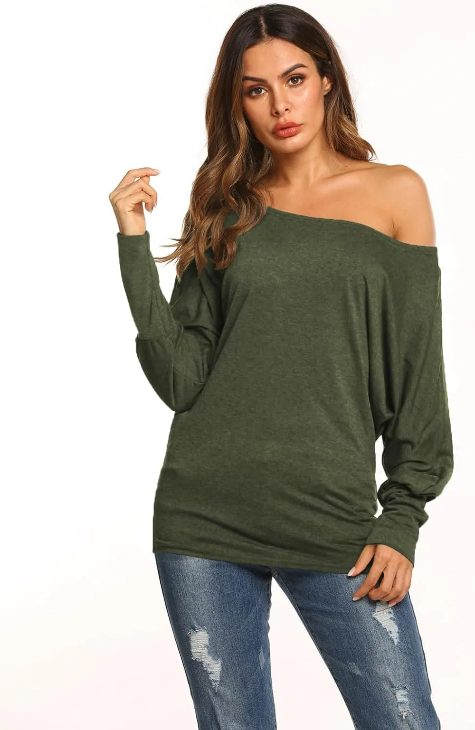 Poetsky Women's Off Shoulder Long Sleeve Tunic Tops Loose Casual Oversized Shirts Blouses