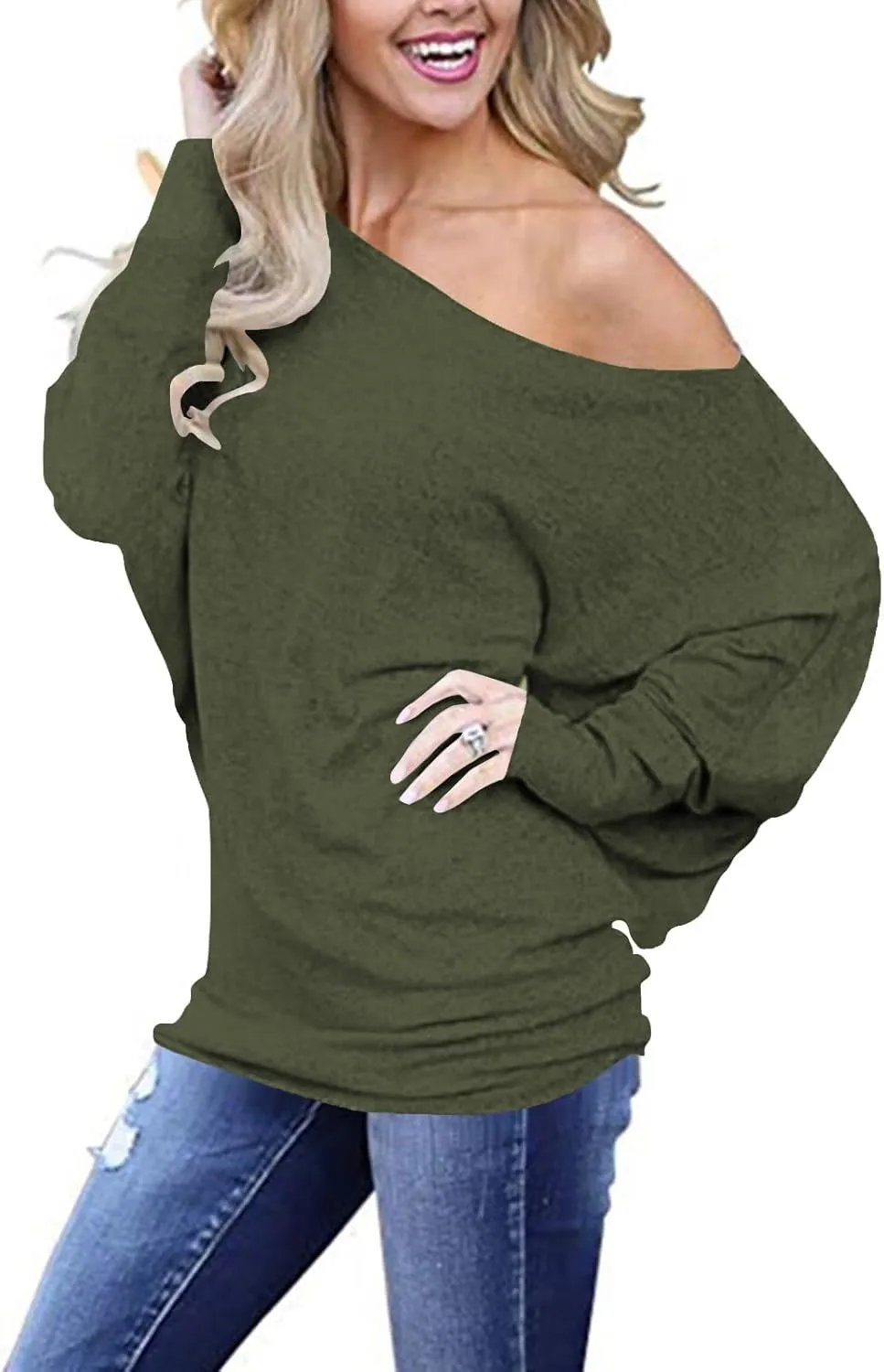 Poetsky Women's Off Shoulder Long Sleeve Tunic Tops Loose Casual Oversized Shirts Blouses