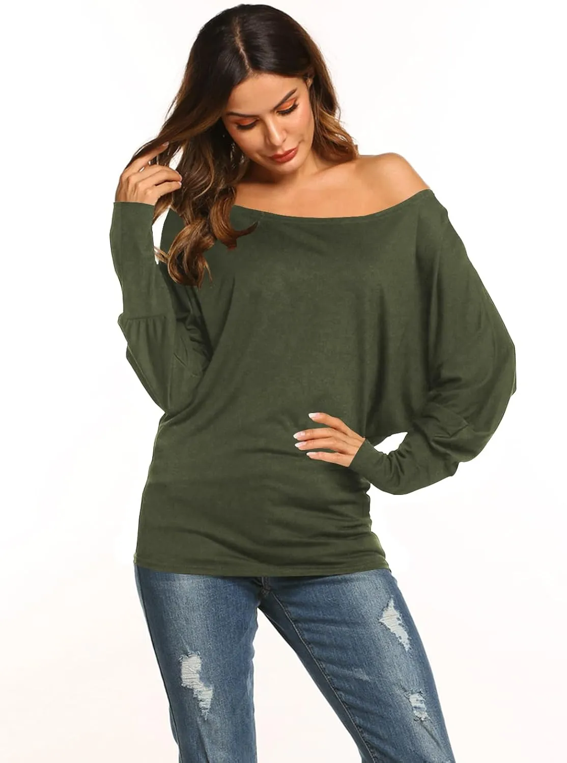 Poetsky Women's Off Shoulder Long Sleeve Tunic Tops Loose Casual Oversized Shirts Blouses