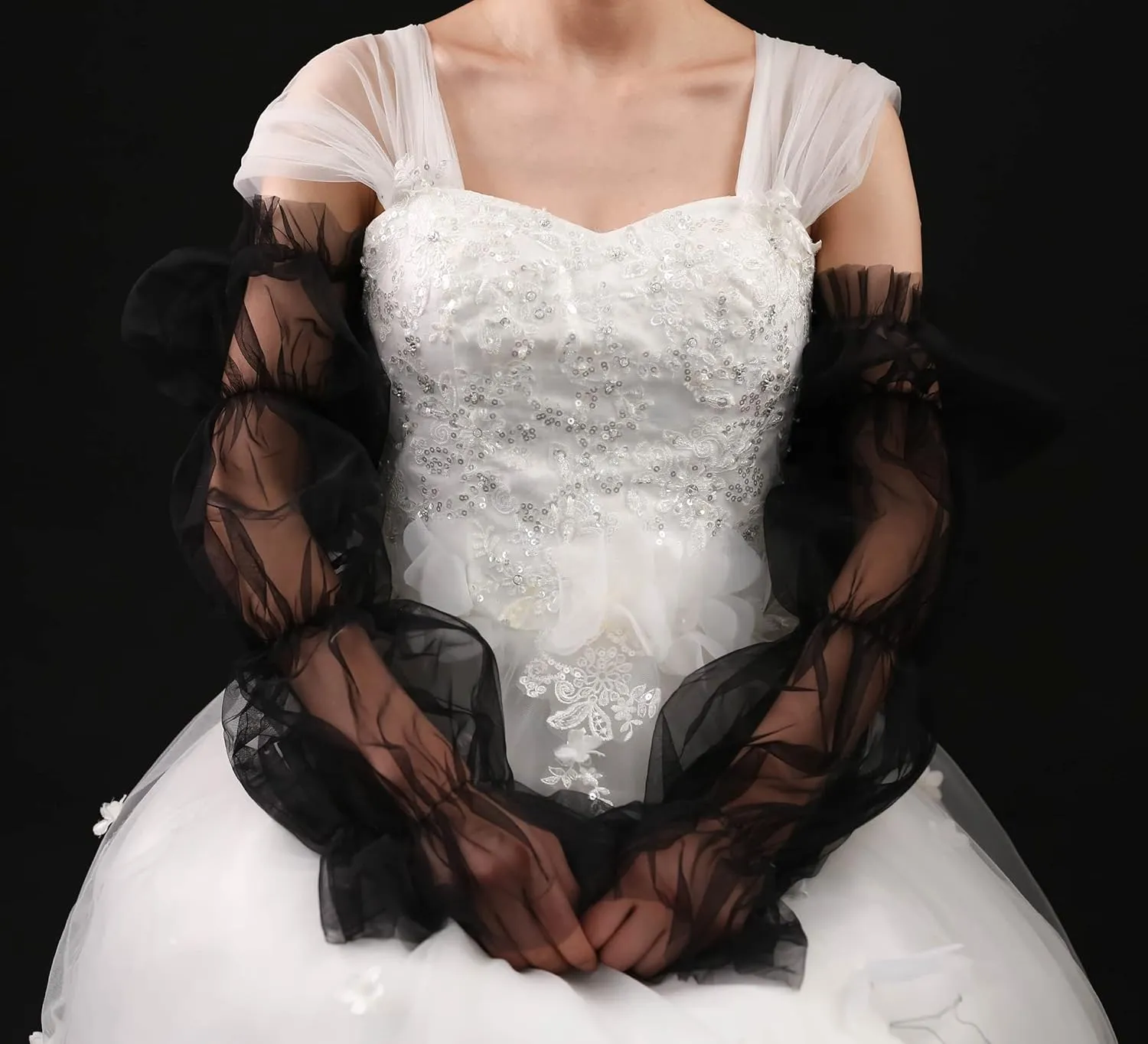QRBTSCL Women's Long Tulle Gloves Lace Semi Sheer Puffy Sleeves Fingerless Gloves Sunscreen Dress Costume Accessory