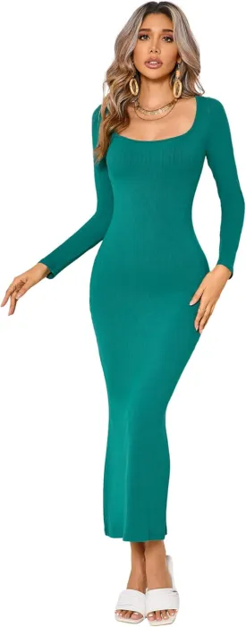 R.Vivimos Women's Maxi Lounge Dress Long Sleeve Square Neck Elastic Ribbed Knit Sexy Bodycon Dress