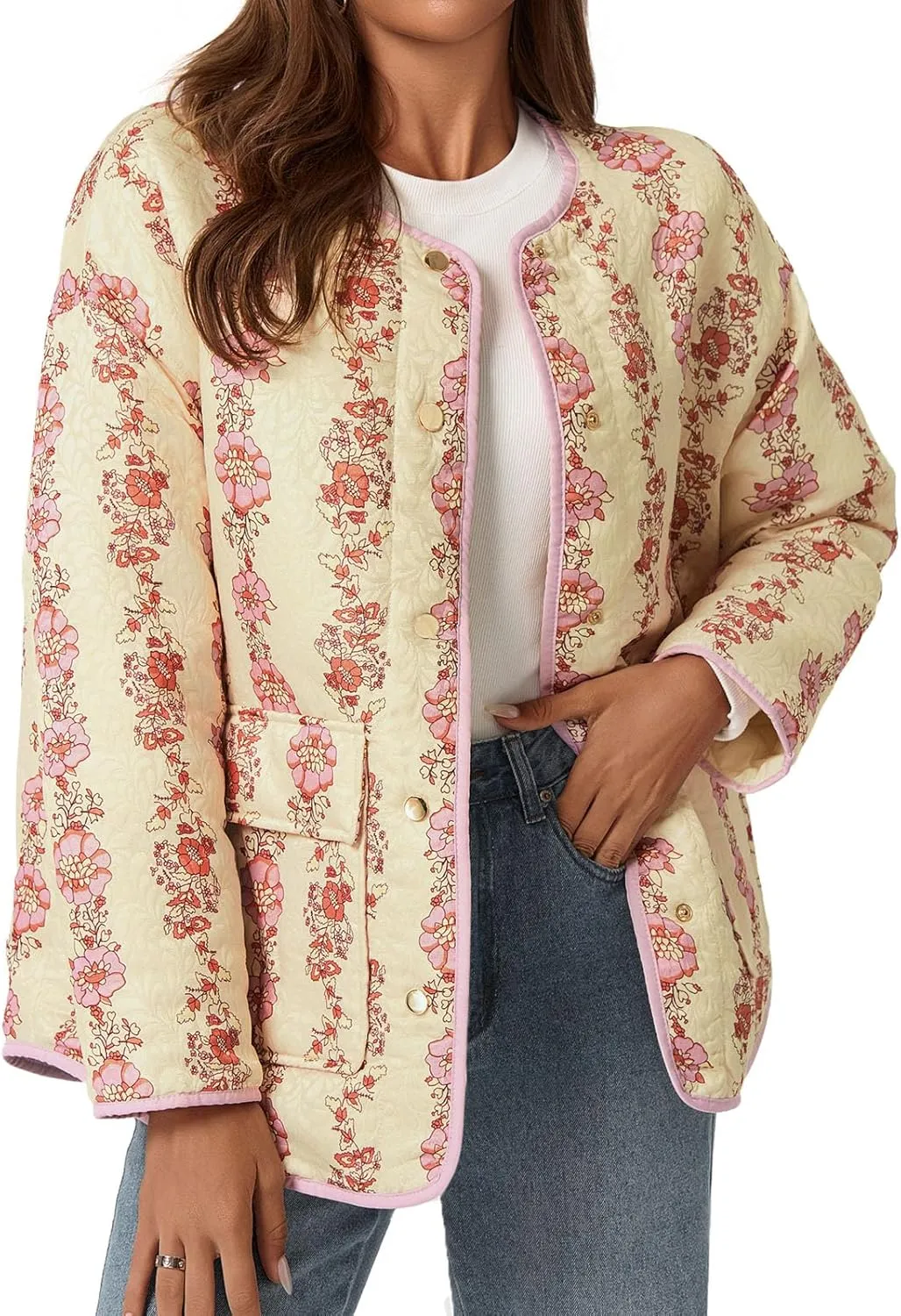 Tankaneo Womens Floral Lightweight Quilted Jacket Oversized Puffer Shacket Winter Collarless Button Down Outerwear