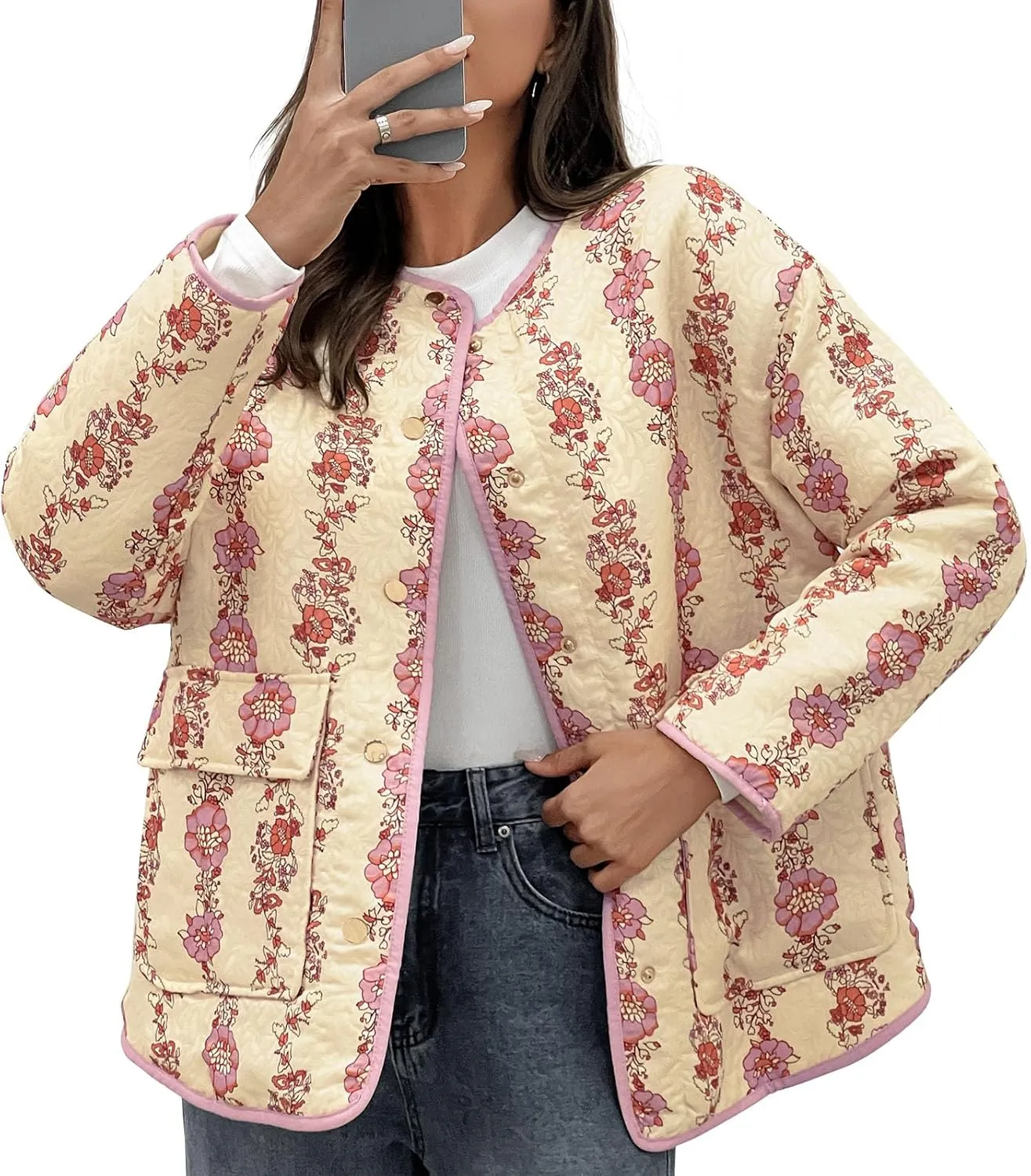 Tankaneo Womens Floral Lightweight Quilted Jacket Oversized Puffer Shacket Winter Collarless Button Down Outerwear