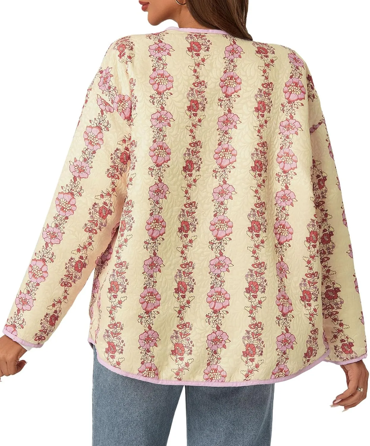 Tankaneo Womens Floral Lightweight Quilted Jacket Oversized Puffer Shacket Winter Collarless Button Down Outerwear