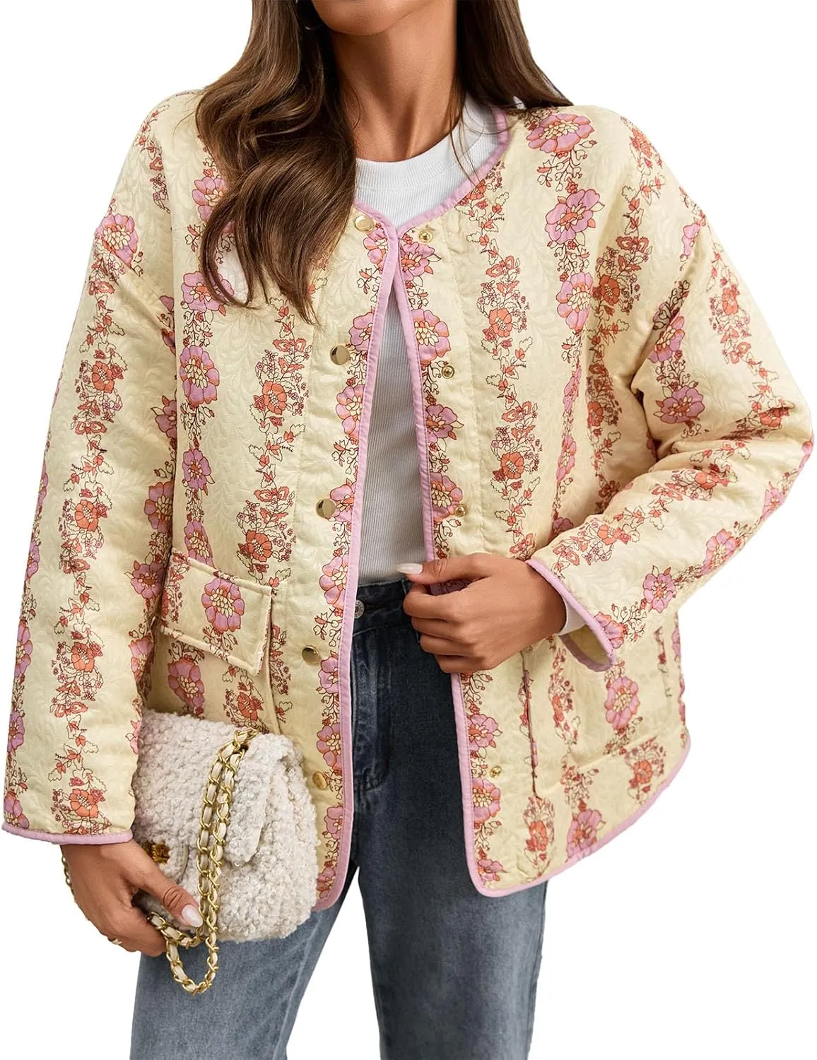 Tankaneo Womens Floral Lightweight Quilted Jacket Oversized Puffer Shacket Winter Collarless Button Down Outerwear
