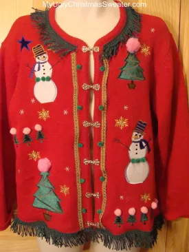 Ugly Christmas Sweater with Snowmen, Trees, and Fringe