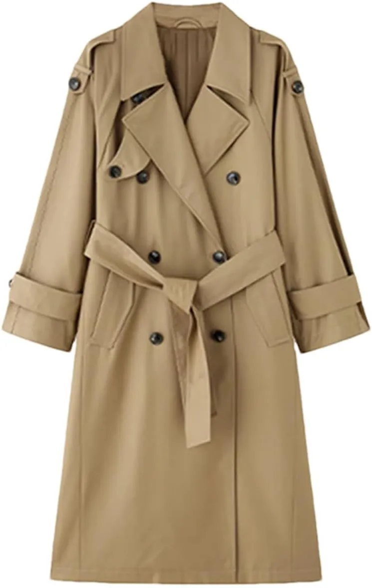 Women Fall Loose Long Trench Coat Double Breasted Solid Casual Overcoat Loose All Season Long Coat