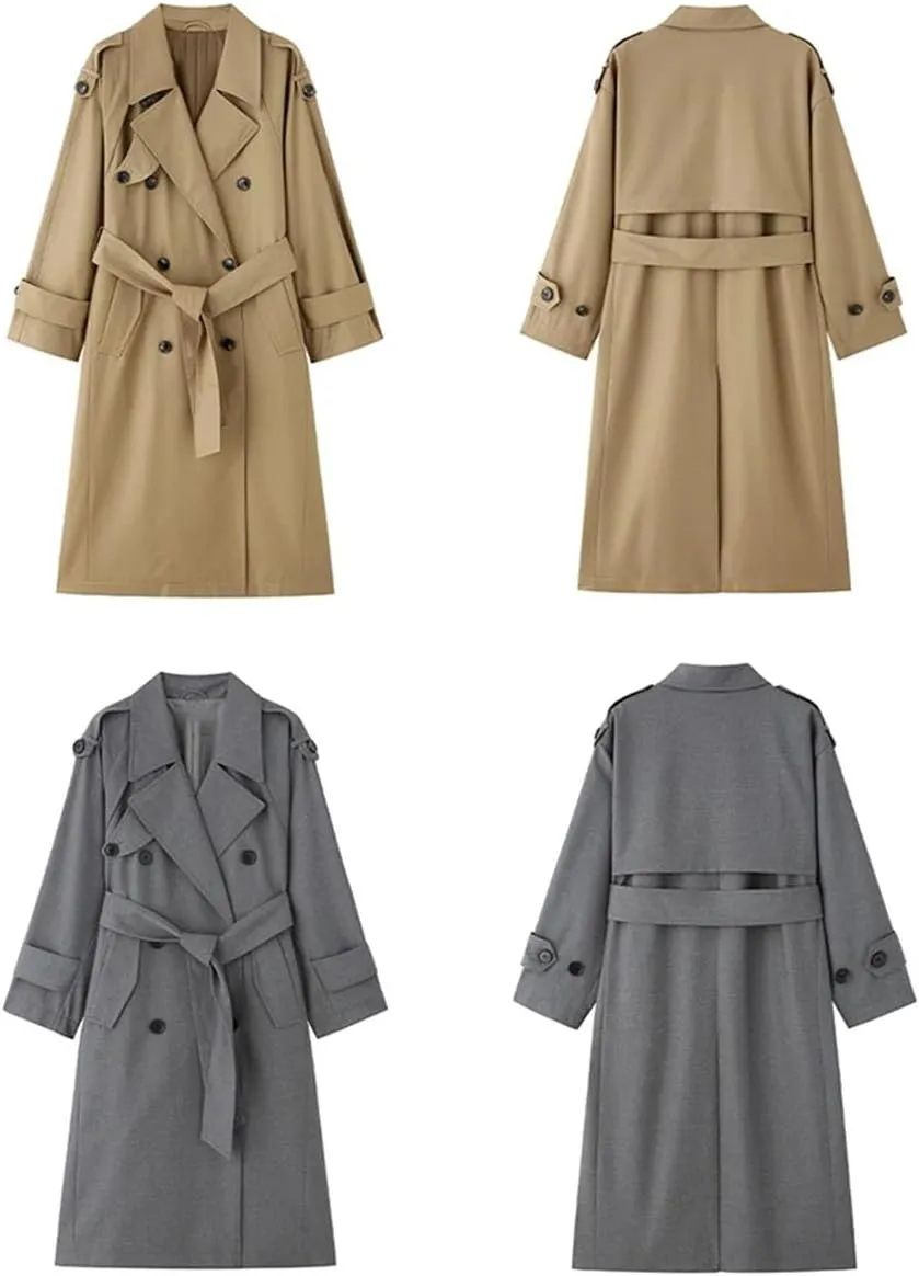 Women Fall Loose Long Trench Coat Double Breasted Solid Casual Overcoat Loose All Season Long Coat