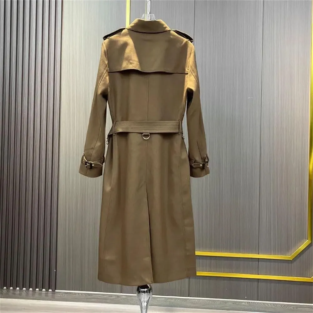 Women Fall Winter Long Coat Double Breasted Suit Collar Trenchcoats Belt Classic Office Long Jcaket