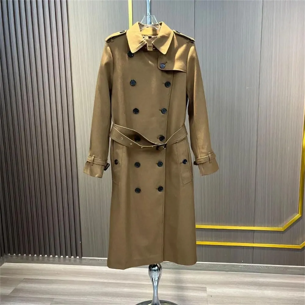 Women Fall Winter Long Coat Double Breasted Suit Collar Trenchcoats Belt Classic Office Long Jcaket