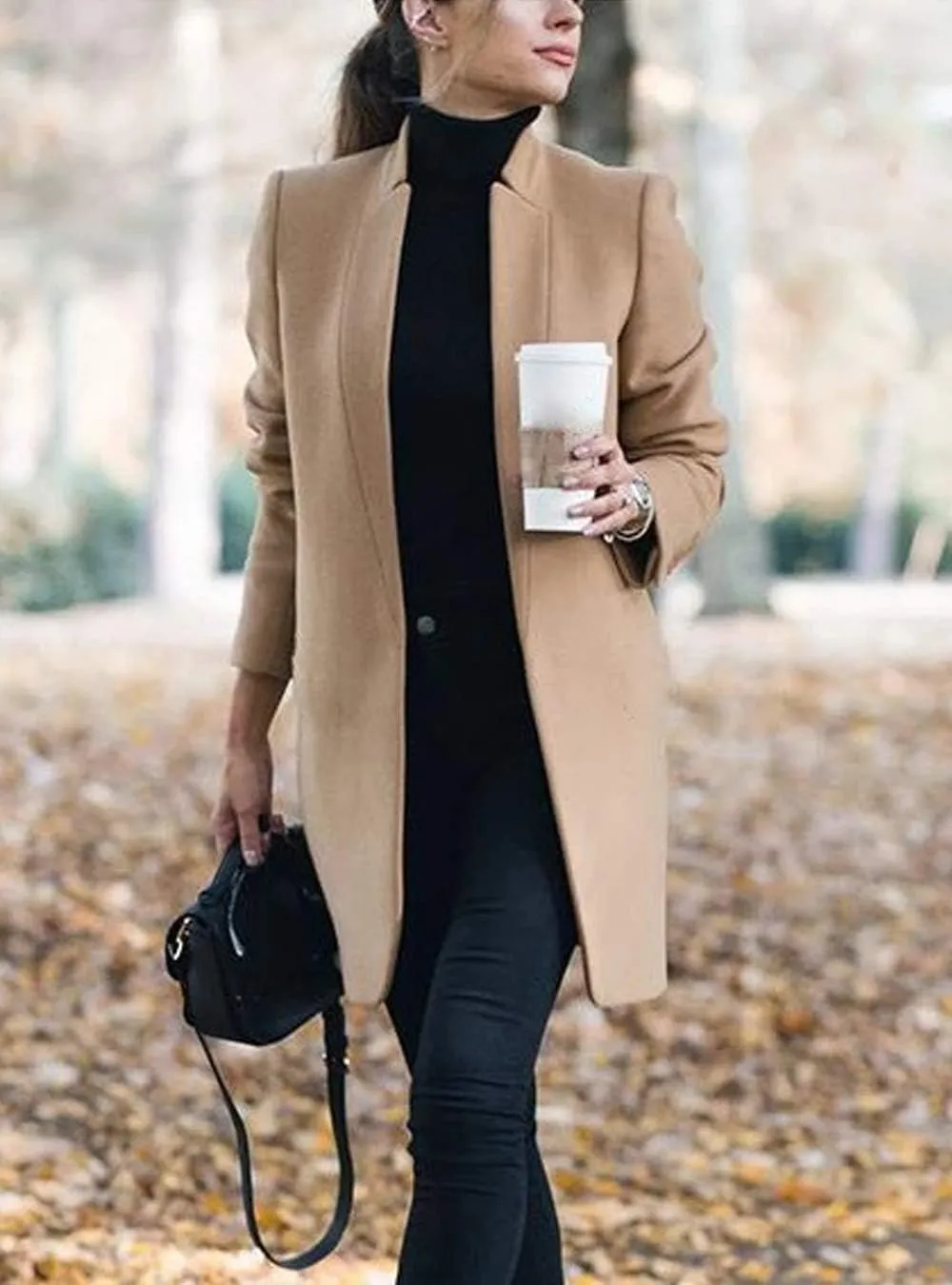 Women Trenchcoat Classic Open Front Long Solid Coat Outwear Plus Size