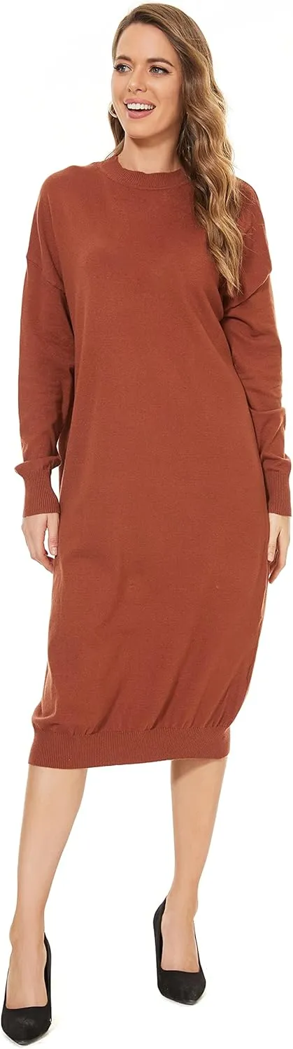 Women's Crew Neck Long Sleeve Over Knee Length Pullover Loose Oversized Bodycon Sweater Dress
