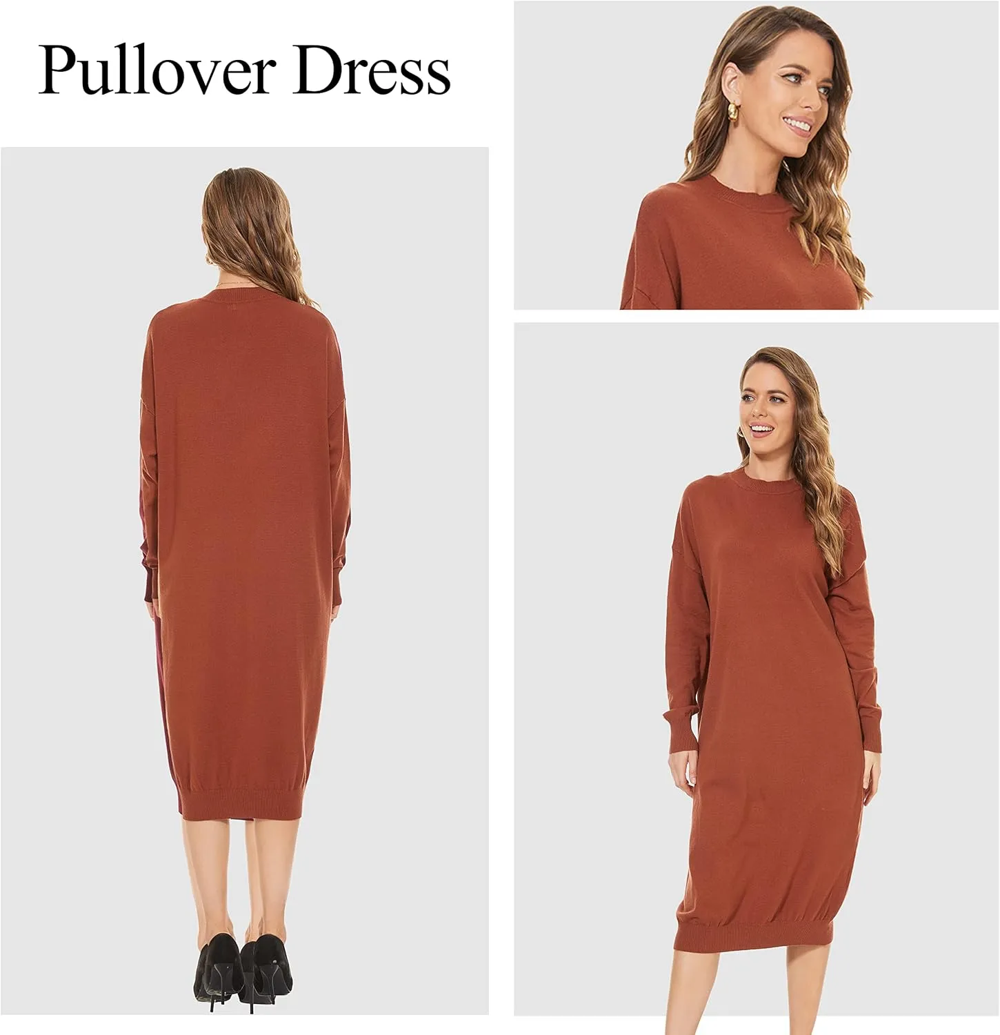 Women's Crew Neck Long Sleeve Over Knee Length Pullover Loose Oversized Bodycon Sweater Dress