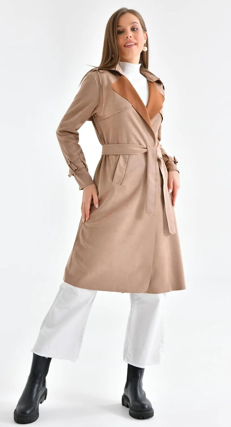 Women's Faux Suede Long Trench Coat Notched Collar Double Breasted Belted Jacket