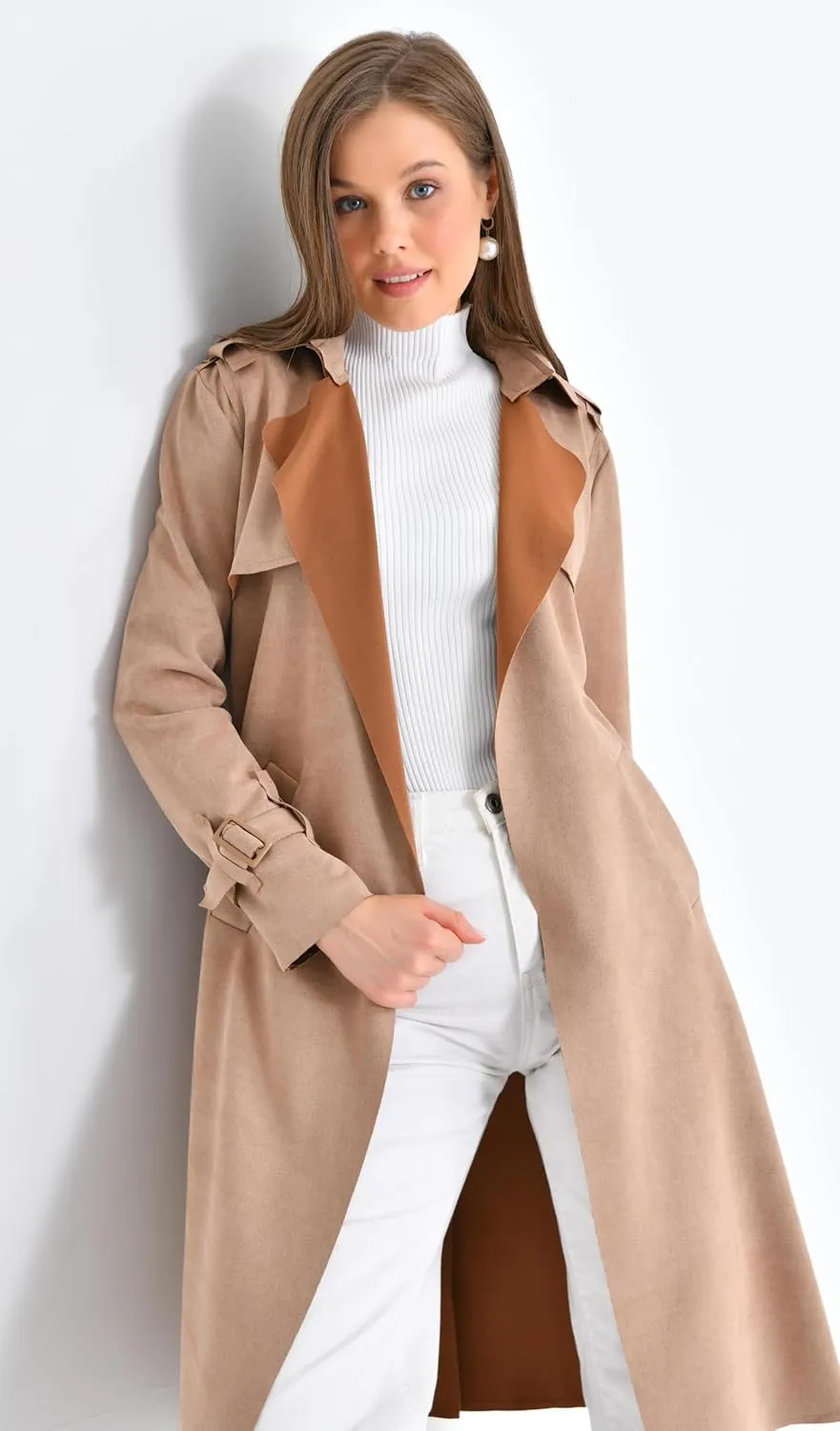 Women's Faux Suede Long Trench Coat Notched Collar Double Breasted Belted Jacket