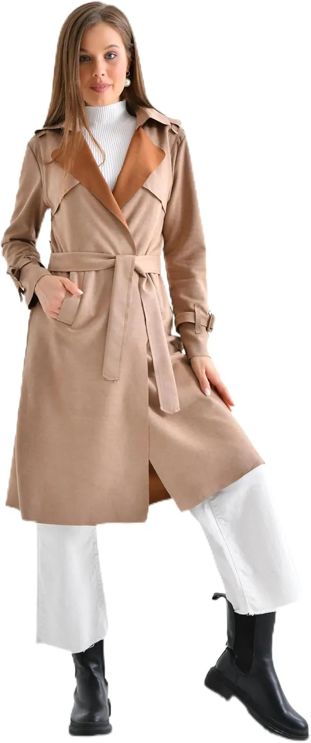 Women's Faux Suede Long Trench Coat Notched Collar Double Breasted Belted Jacket