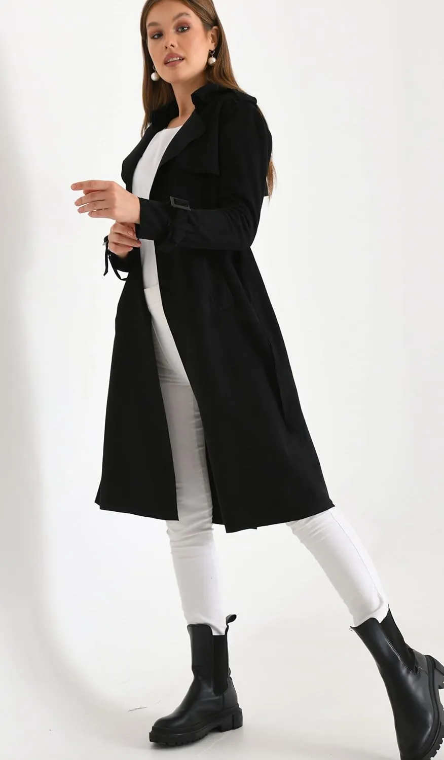 Women's Faux Suede Long Trench Coat Notched Collar Double Breasted Belted Jacket