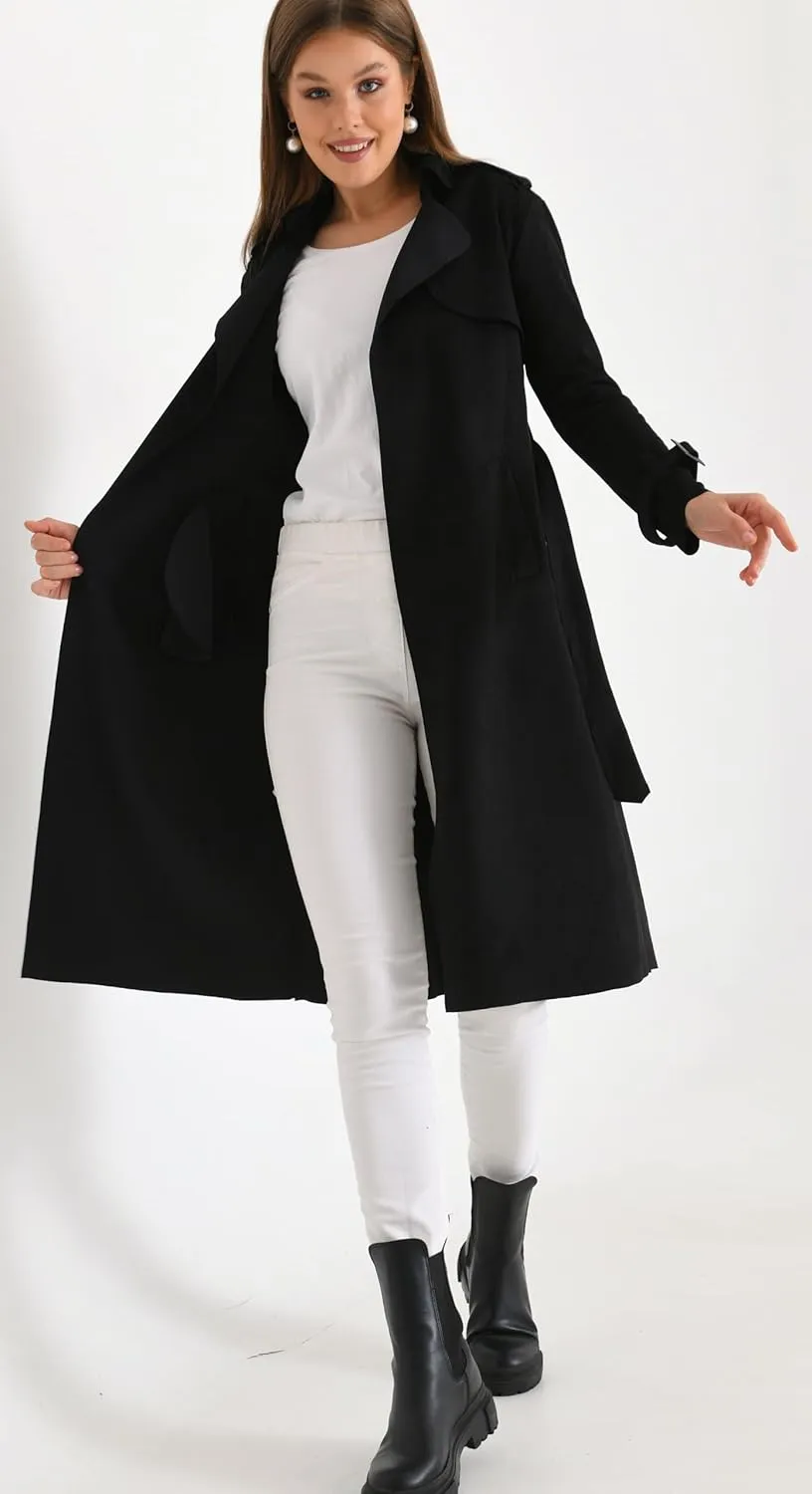 Women's Faux Suede Long Trench Coat Notched Collar Double Breasted Belted Jacket