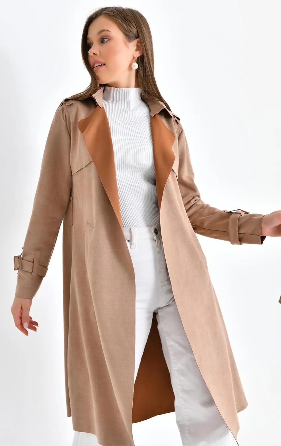Women's Faux Suede Long Trench Coat Notched Collar Double Breasted Belted Jacket