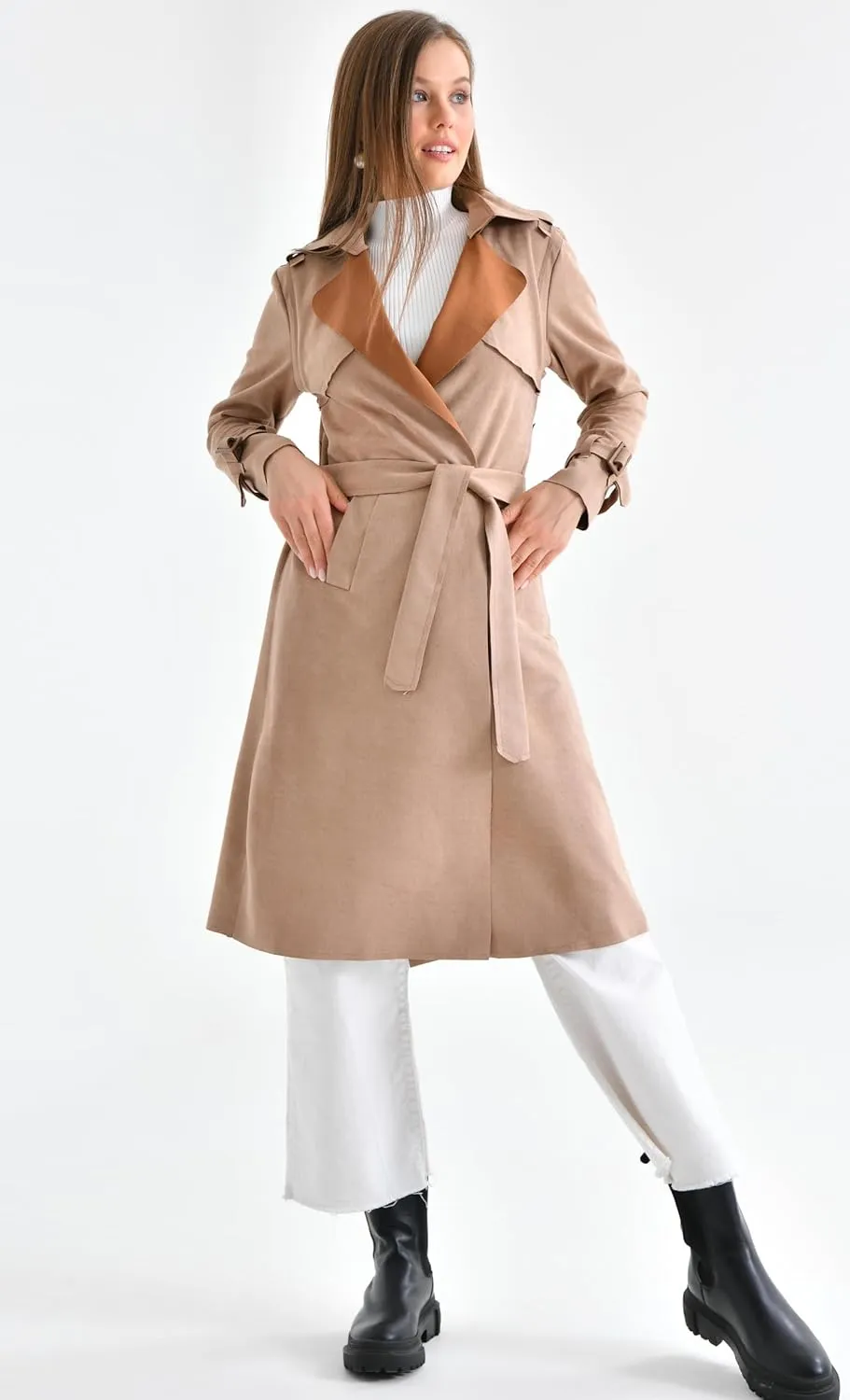 Women's Faux Suede Long Trench Coat Notched Collar Double Breasted Belted Jacket