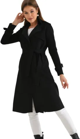 Women's Faux Suede Long Trench Coat Notched Collar Double Breasted Belted Jacket