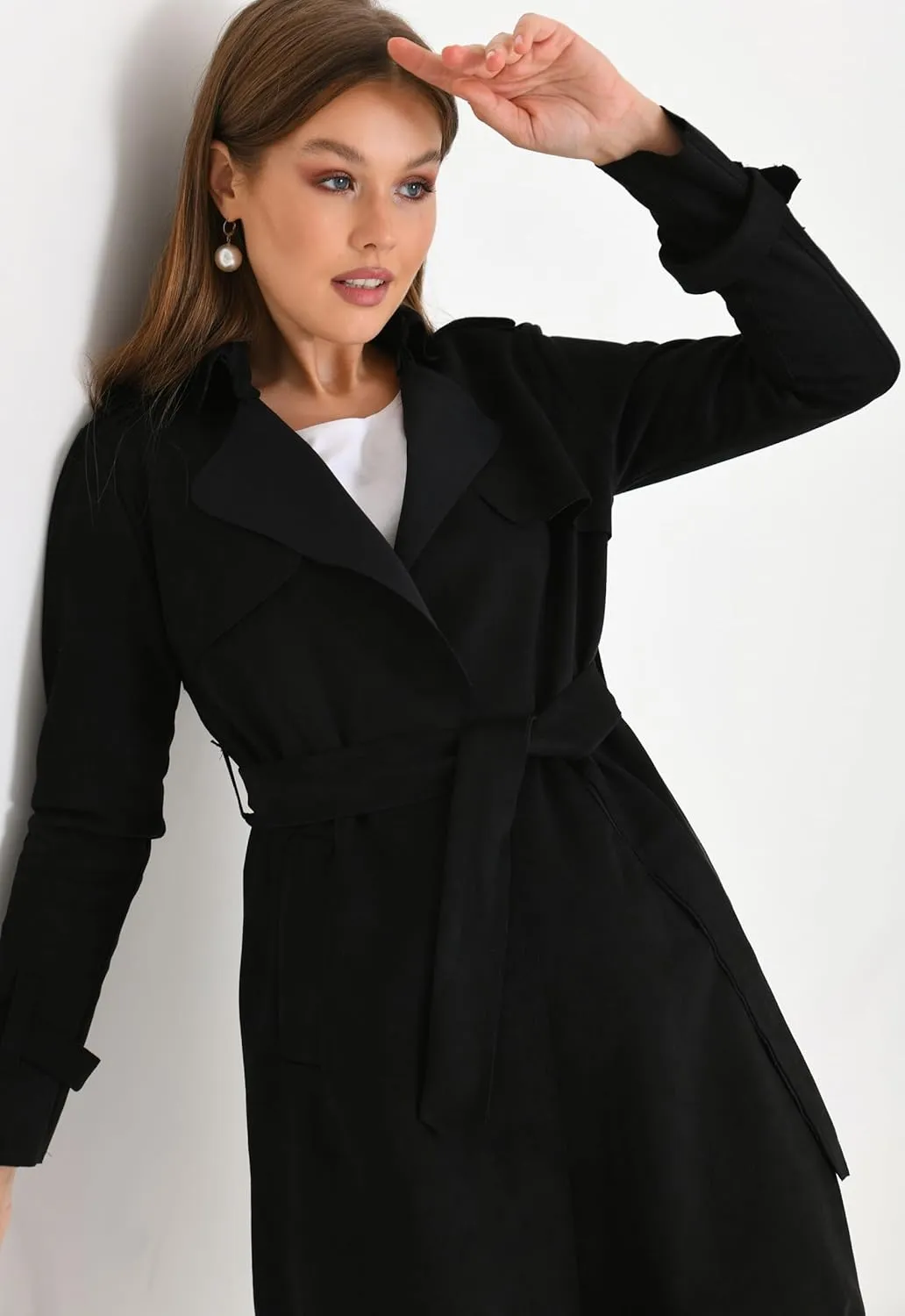 Women's Faux Suede Long Trench Coat Notched Collar Double Breasted Belted Jacket