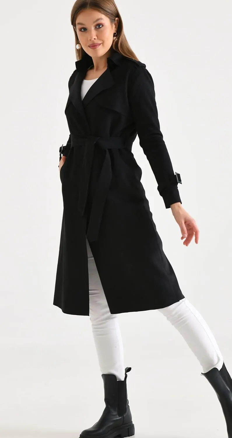 Women's Faux Suede Long Trench Coat Notched Collar Double Breasted Belted Jacket