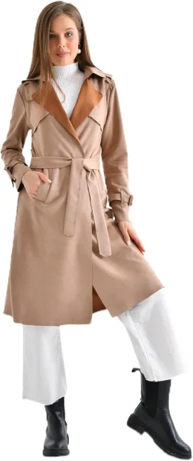Women's Faux Suede Long Trench Coat Notched Collar Double Breasted Belted Jacket