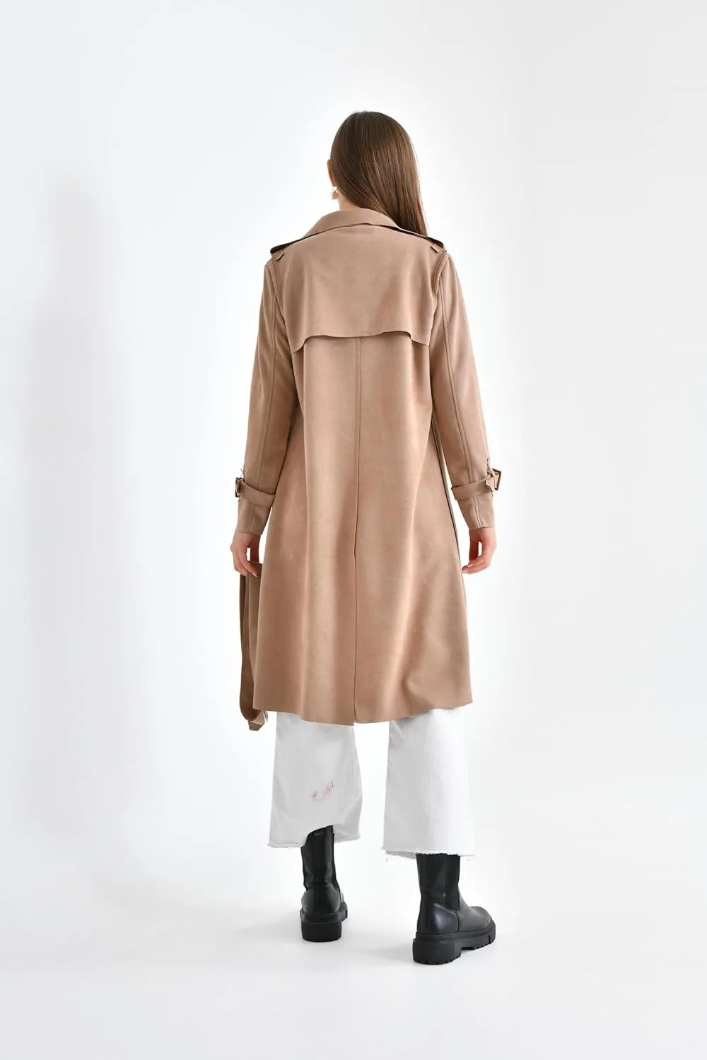 Women's Faux Suede Long Trench Coat Notched Collar Double Breasted Belted Jacket