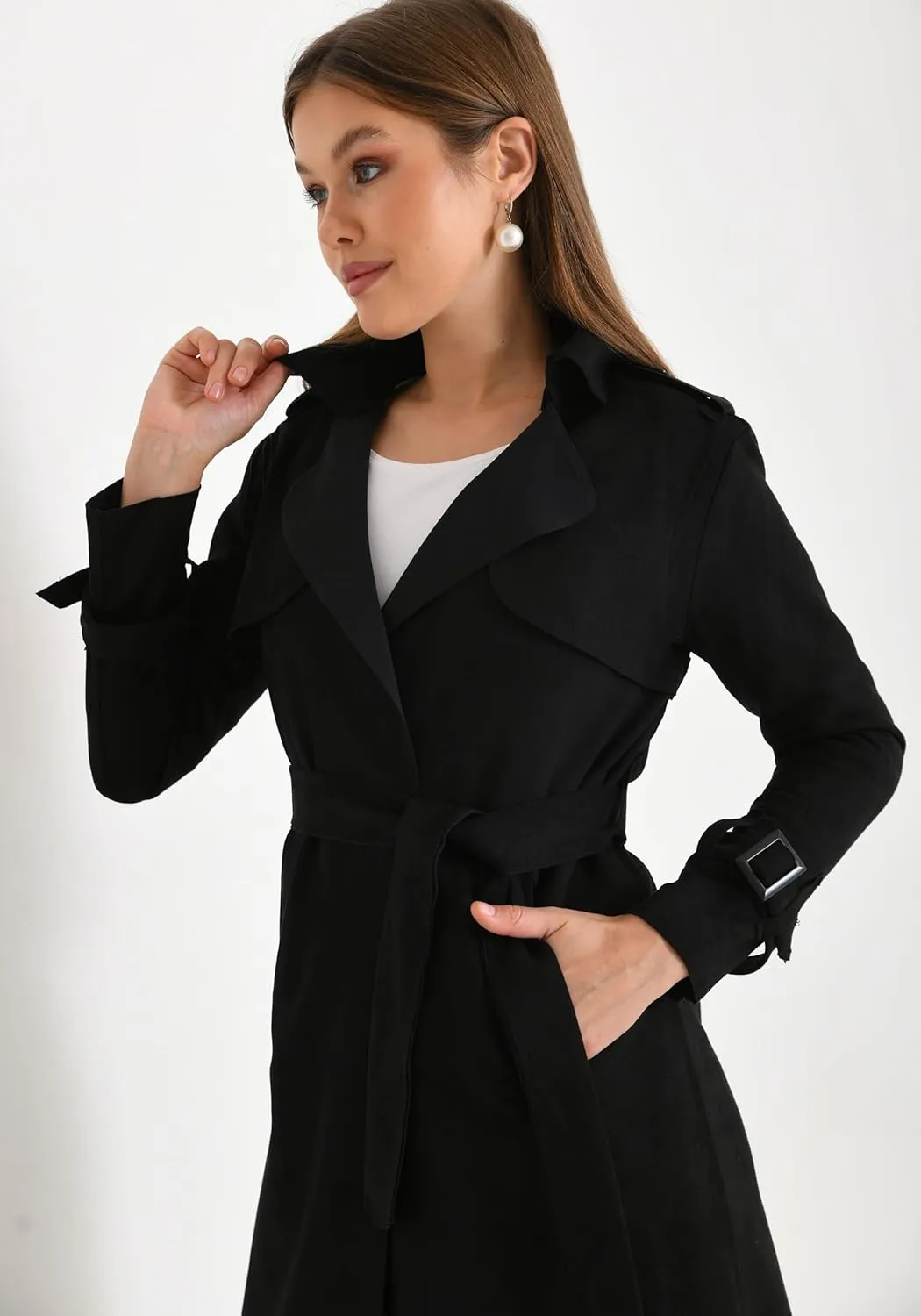 Women's Faux Suede Long Trench Coat Notched Collar Double Breasted Belted Jacket