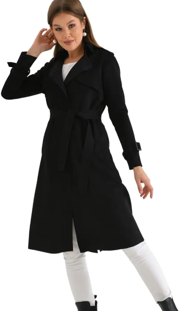 Women's Faux Suede Long Trench Coat Notched Collar Double Breasted Belted Jacket