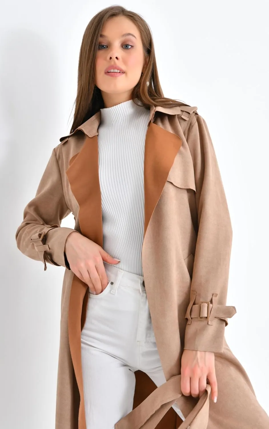 Women's Faux Suede Long Trench Coat Notched Collar Double Breasted Belted Jacket