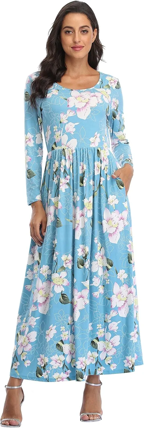 Women's Long Sleeves Maxi Dress Plain Empire Waist Casual Dress Loose Fall/Winter Dresses with Pockets
