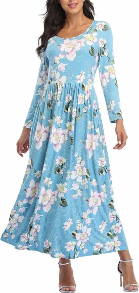 Women's Long Sleeves Maxi Dress Plain Empire Waist Casual Dress Loose Fall/Winter Dresses with Pockets
